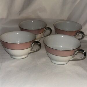 Set Of 4 Mid Century 60's Fine China Tea Cup Saucer Sango RHAPSODY PINK Platinum